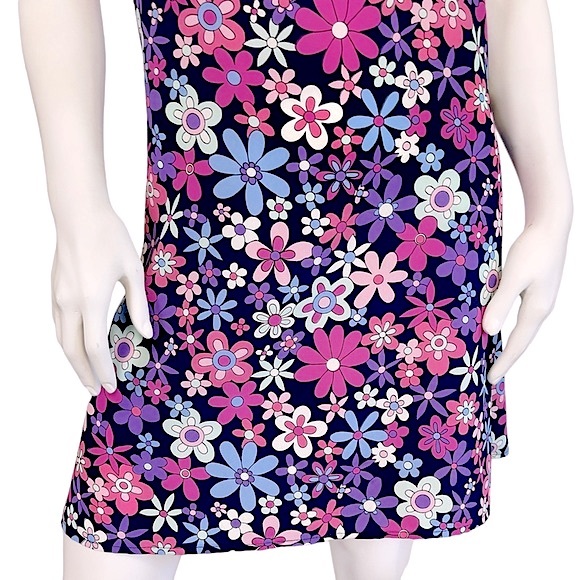 VINTAGE Y2K Mod Pink Purple Flower Power Print Drawstring Mini Dress - Picture 3 of 7